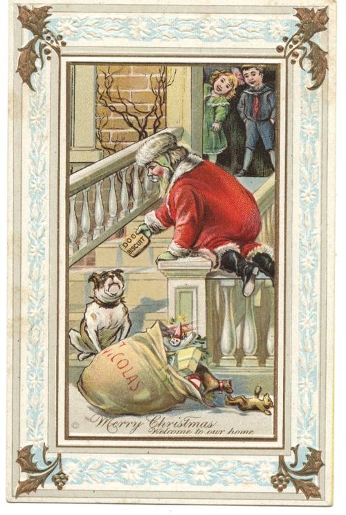 Victorian Christmas Card Santa on Staircase Home Scene