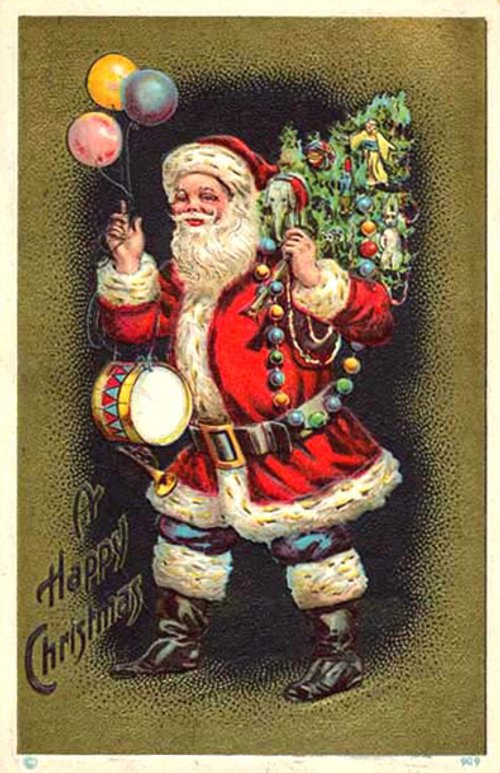 Victorian Santa Christmas Greeting Card with Balloons & Drum