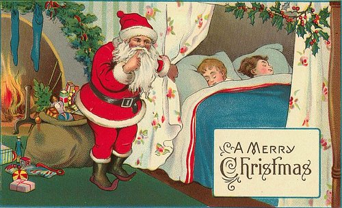 Victorian Santa Christmas Card with Sleeping Children by Fireplace