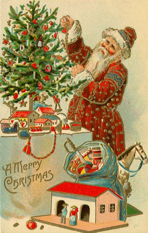 Victorian Santa Christmas Card with Toy Sack, Toy House & Decorated Tree