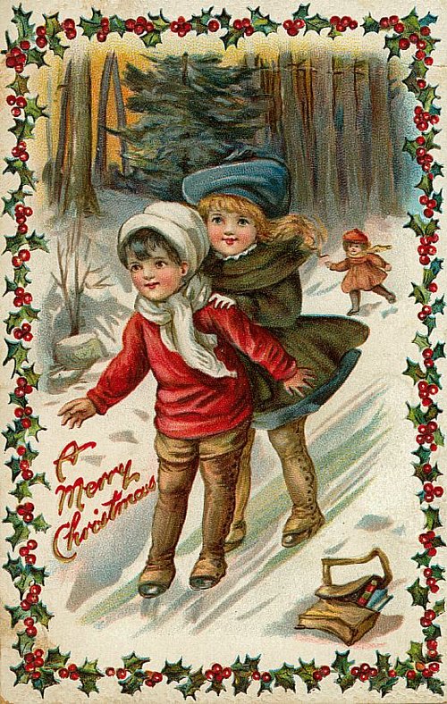 Victorian Children Ice Skating Christmas Card with Holly Border