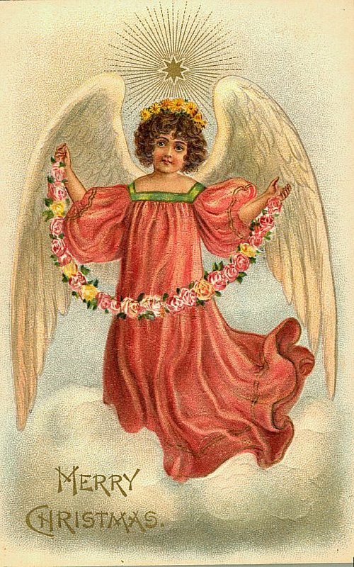 Victorian Christmas Angel with Flowers - Vintage Greeting Card