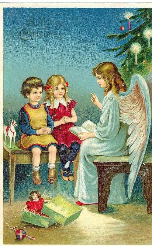 Victorian Christmas Angel Greeting Card with Children