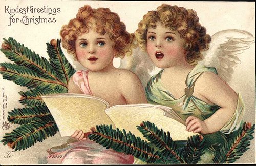 Victorian Christmas Cherubs with Evergreen Branches - Vintage Greeting Card