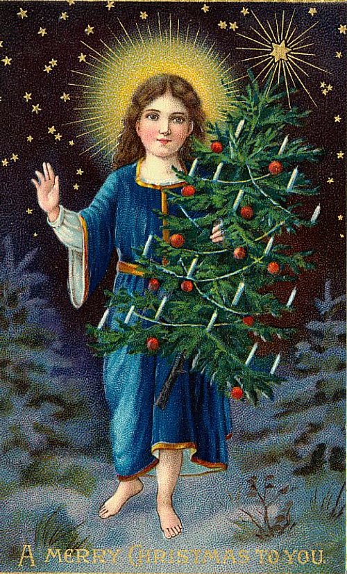 Victorian Christmas Angel with Tree - Vintage Greeting Card
