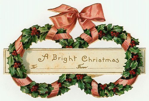 Victorian Christmas Greeting Card with Holly Wreath & Ribbon