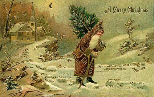 Victorian Christmas Card Santa Claus Winter Church Scene