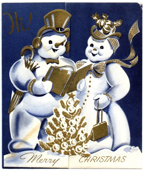 Vintage 1920s Art Deco Christmas Card with Snowmen & Gold Accents