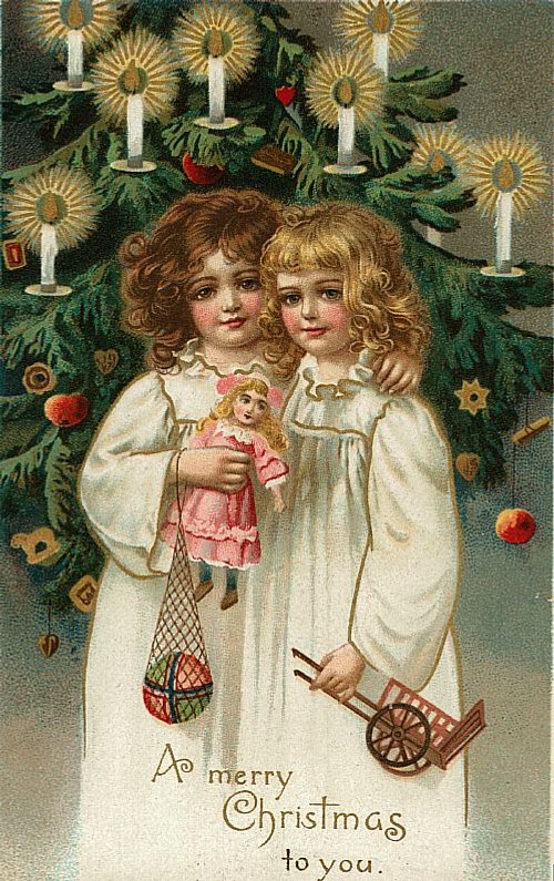 Victorian Christmas Card Two Children Angels Candles