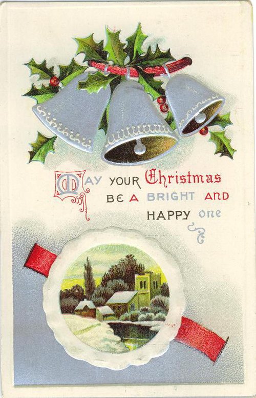Victorian Christmas Greeting Card with Bells & Winter Scene