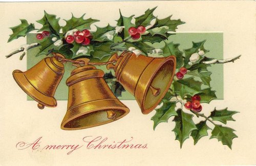 Victorian Christmas Greeting Card with Gold Bells and Holly