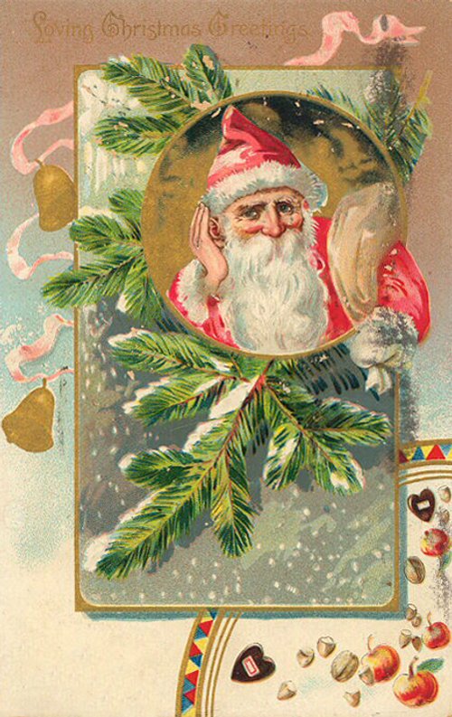 Victorian Christmas Greeting Card with Santa & Pine/Evergreen Branches