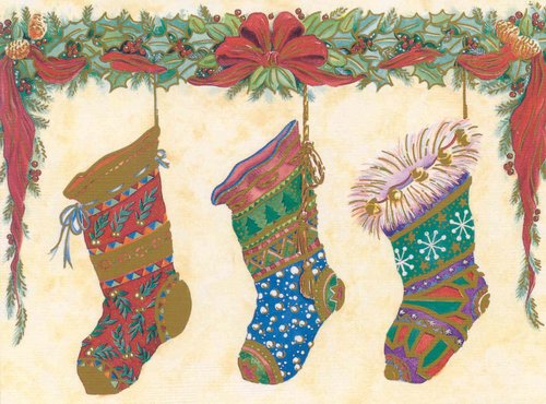 Victorian Christmas Stockings with Holly Garland - Vintage Holiday Card
