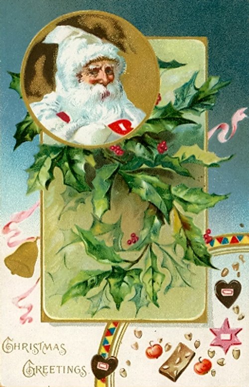 Victorian Christmas Greetings Card with Santa Claus & Holly
