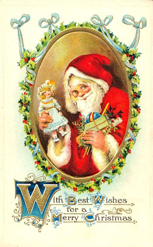 Victorian Santa Christmas Greeting Card with Holly & Blue Bows