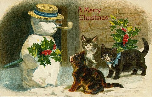 Victorian Snowman & Kittens Christmas Greeting Card