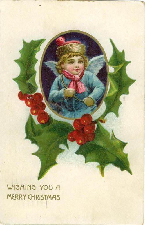 Vintage Christmas Card Angel Child Holly Berry Victorian Era