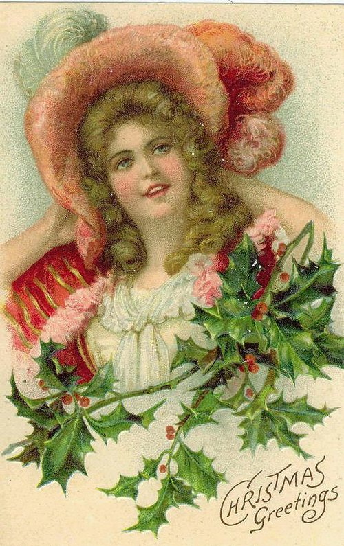 Victorian Christmas Greeting Card with Holly & Pink Hat Girl