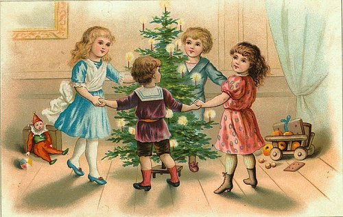 Victorian Children Dancing Around Christmas Tree - Antique Greeting Card