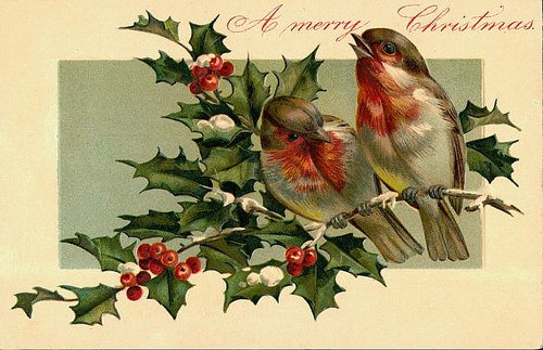 Victorian Christmas Greeting Card with Robins and Holly