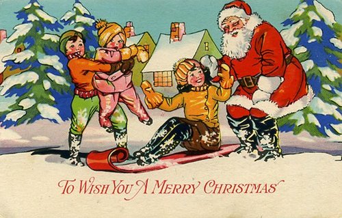 Vintage Christmas Greeting Card Santa Children Snow Scene