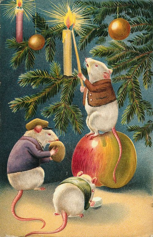 Victorian Christmas Mice Decorating Tree with Candles