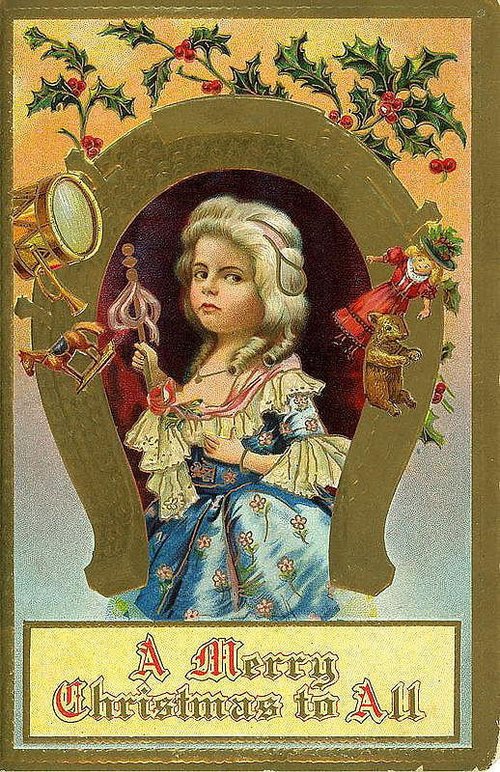 Victorian Christmas Greeting Card with Child in Horseshoe Frame