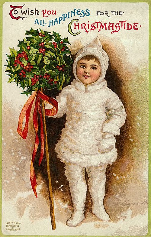 Victorian Christmas Greeting Card with Child & Holly