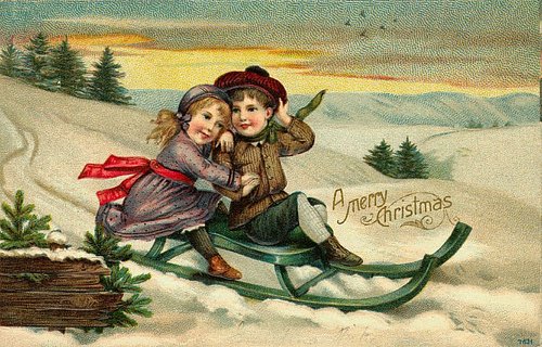Victorian Christmas Greeting Card: Children Sledding in Snow