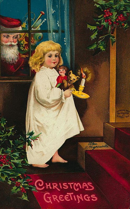 Victorian Christmas Greetings Card with Child and Santa Window