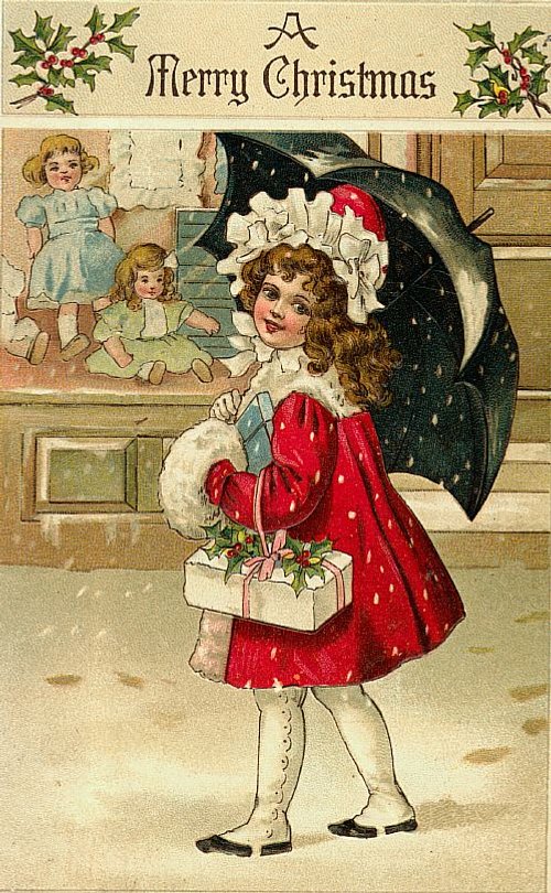 Victorian Christmas Card Girl with Umbrella Snow 1890s