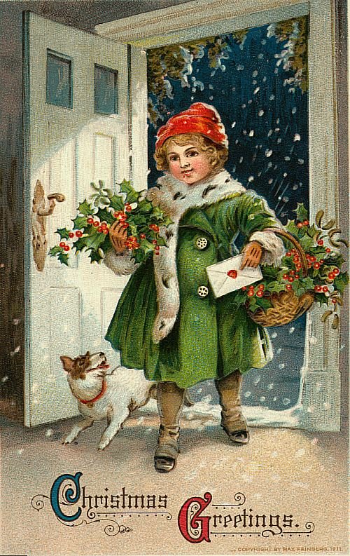 Vintage Christmas Greetings Card Victorian Child in Green Coat