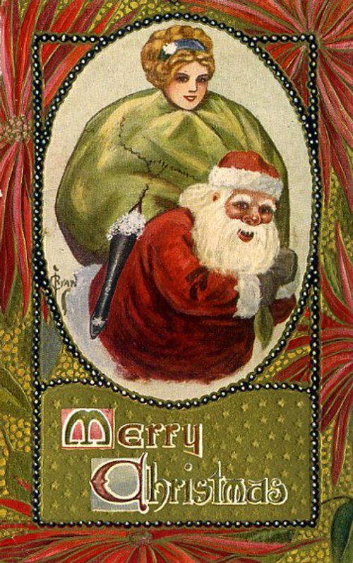Vintage Christmas Greeting Card with Santa and Young Woman, Art Nouveau