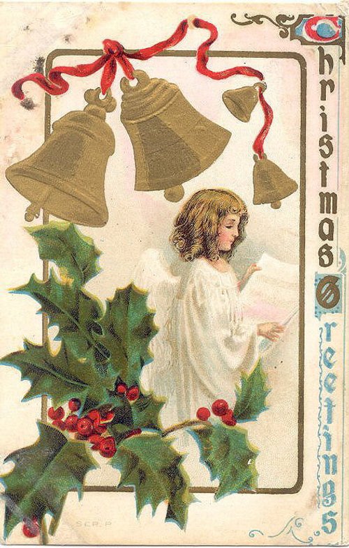 Vintage Christmas Angel Greeting Card with Gold Bells & Holly