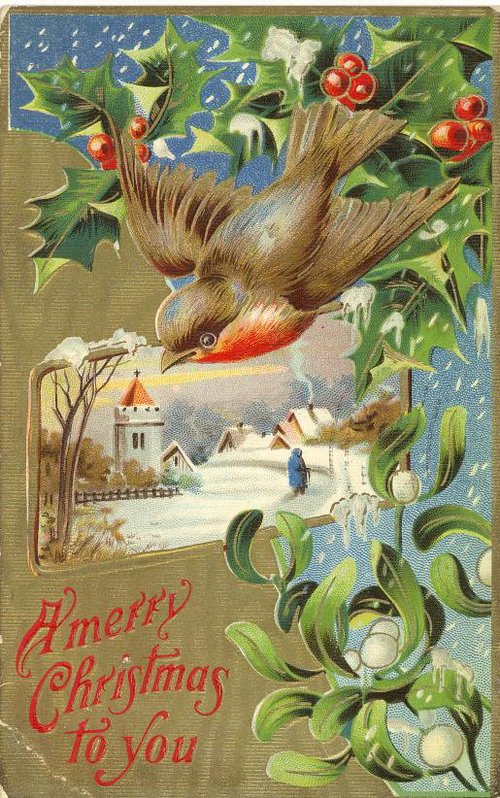 Victorian Christmas Card with Robin & Winter Village Scene