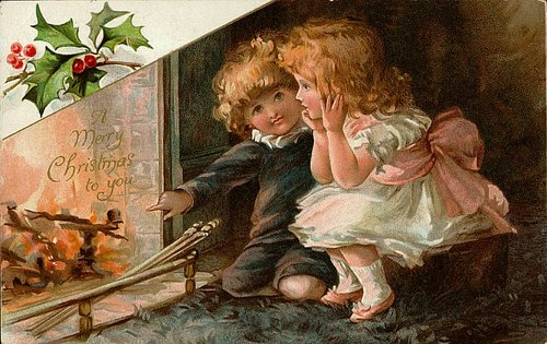 Victorian Christmas Greeting Card with Children & Fireplace