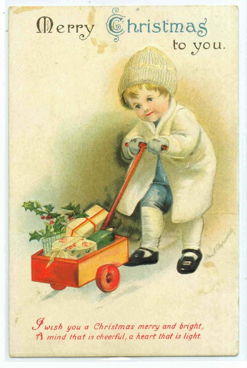 Victorian Christmas Card with Child and Toy Wagon - Edwardian Era