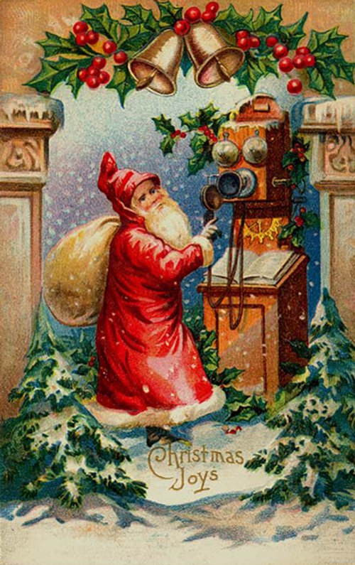 Vintage Victorian Christmas Card Santa Telephone