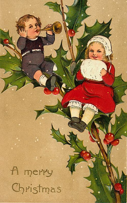Victorian Christmas Card with Child Caroler & Girl in Red Dress