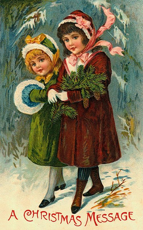 Victorian Christmas Card: Two Girls with Evergreen Branches, 1890s