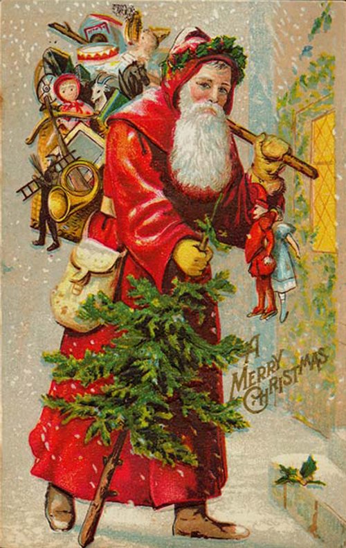 Victorian Santa Claus Christmas Card with Toys & Holly
