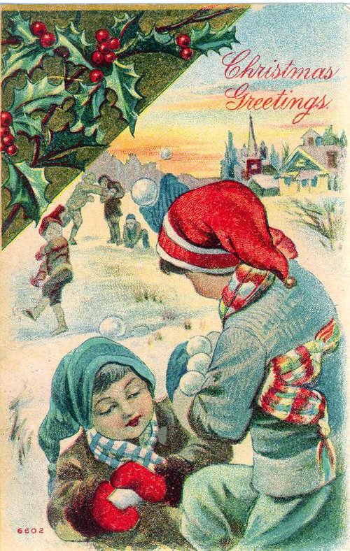 Victorian Christmas Greetings Card with Holly & Winter Scene