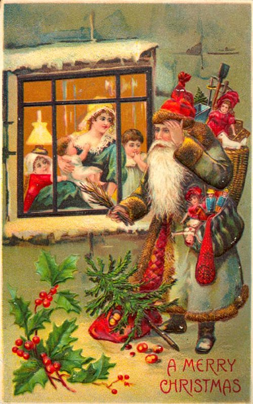Victorian Santa Christmas Card - Children Window Scene