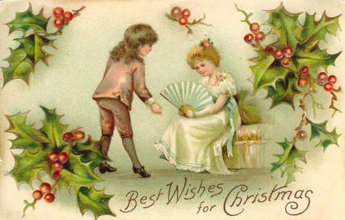 Victorian Christmas Greeting Card with Children and Holly