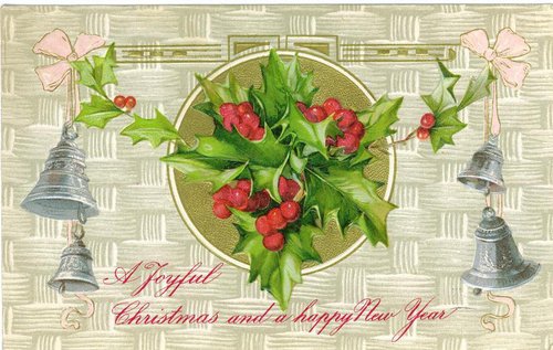 Victorian Christmas Holly Berries Bells Pink Bows Greeting Card