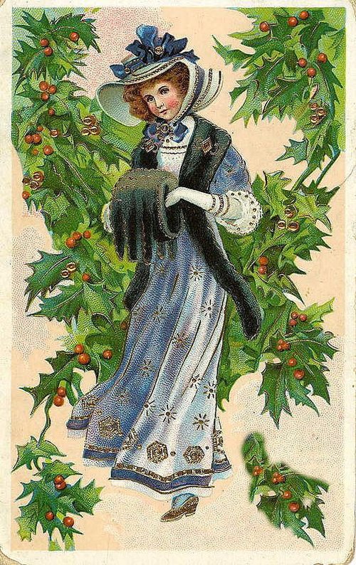 Victorian Christmas Card: Elegant Woman with Holly Branches