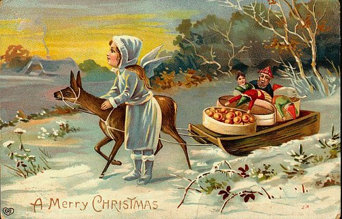 Victorian Winter Christmas Card: Child Girl Deer Sledding Scene