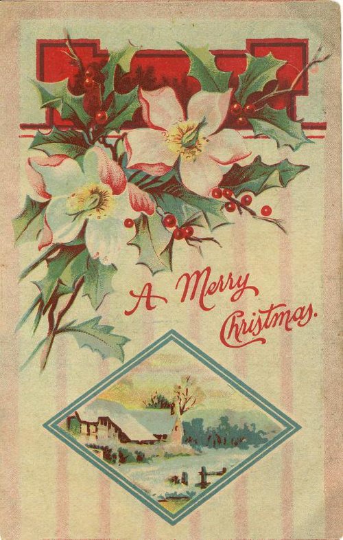 Victorian Christmas Card with Holly, Christmas Roses & Winter Scene