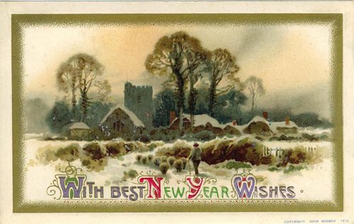 Victorian Winter Church New Year Greeting Card with Snow