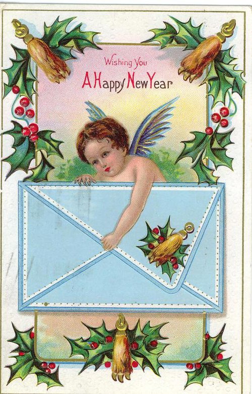 Victorian New Year Angel Greeting Card with Holly & Bells